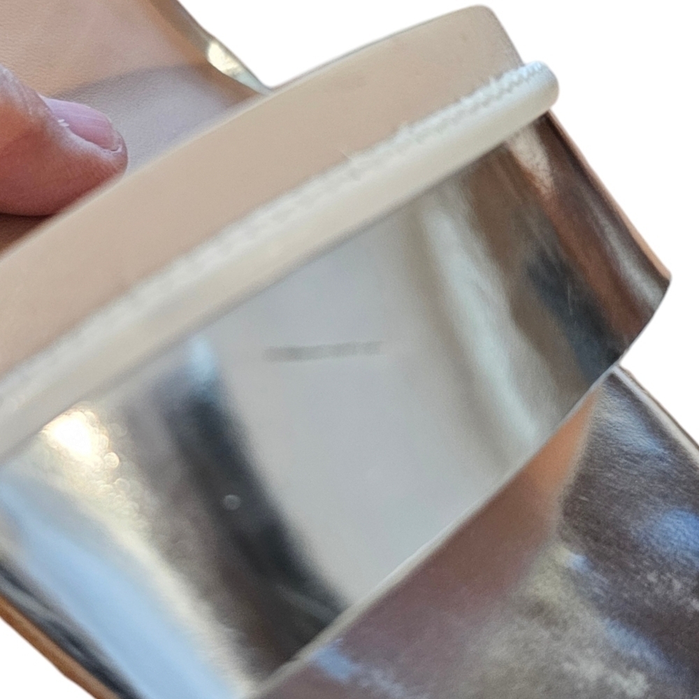 What For Leather Silver & Blush Chucked Strap Heels - Picture 9 of 13